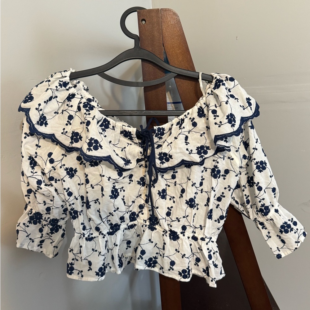 Zara White and Blue Flutter Sleeve Blouse with Sailor Collar